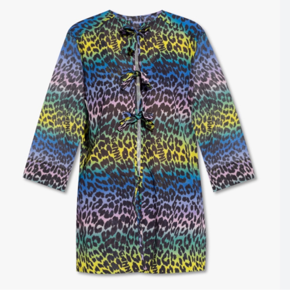 Ganni Tie Front Leopard Print Blouse Size 38